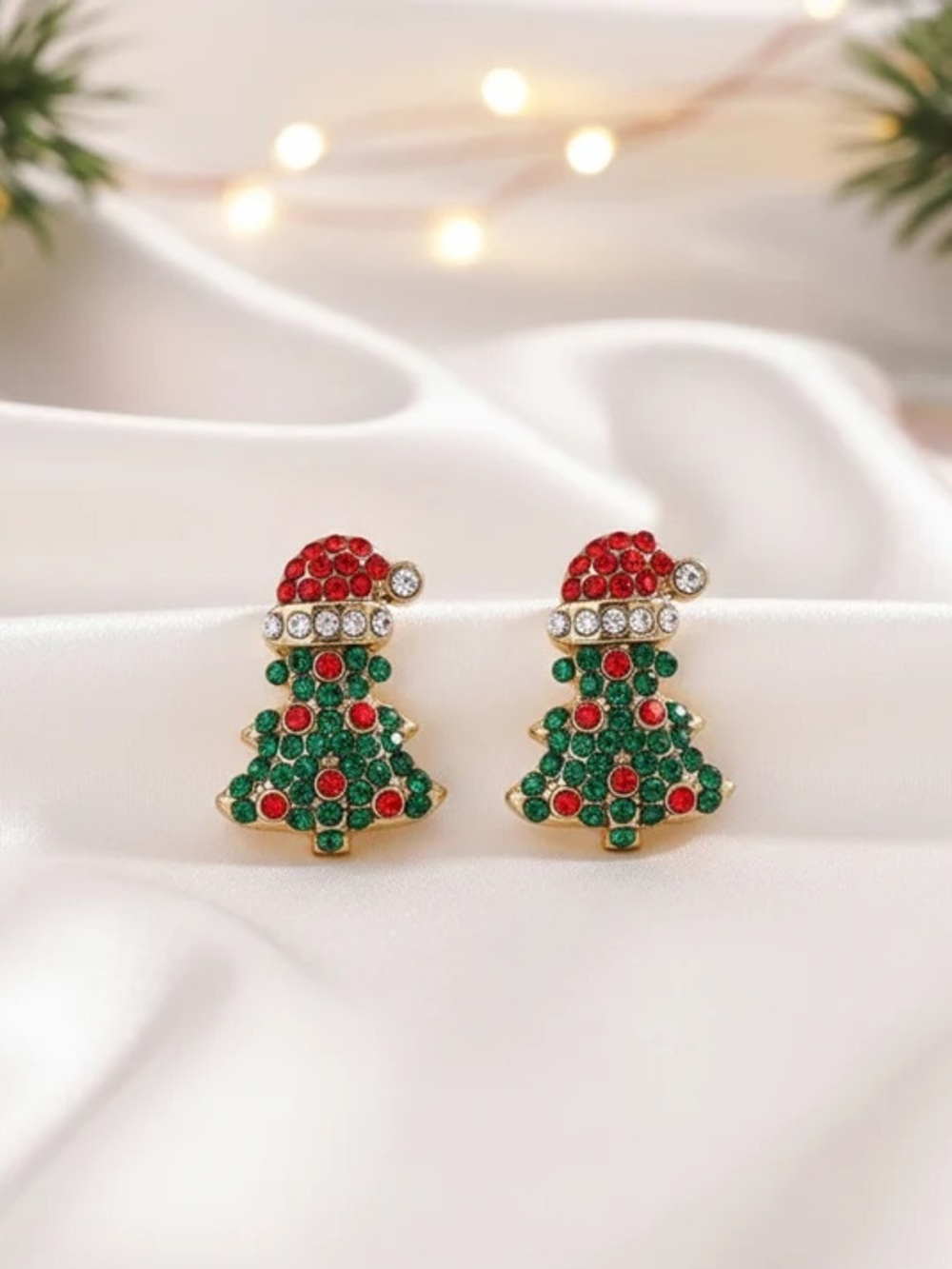 Holiday Crystal Christmas Tree Stud Earrings - Red & Green